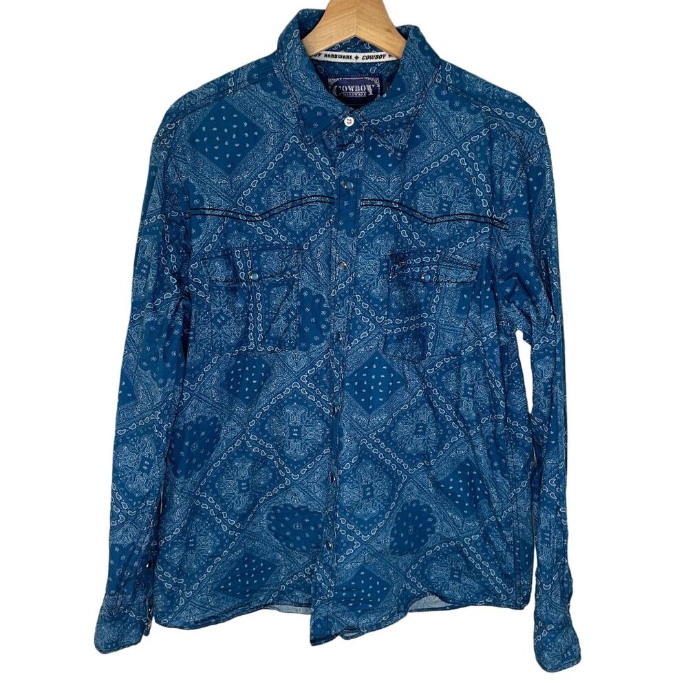 Cowboy Hardware Paisley Print Pearl Snap Western Shirt Men L Blue Long Sleeve